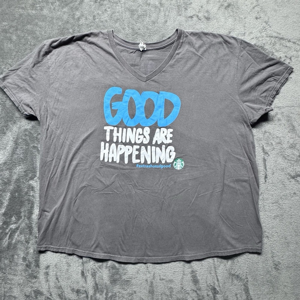 Starbucks Good Things Are Happening Graphic T-Shirt Gray V-Neck Anvil‎ 3XL
